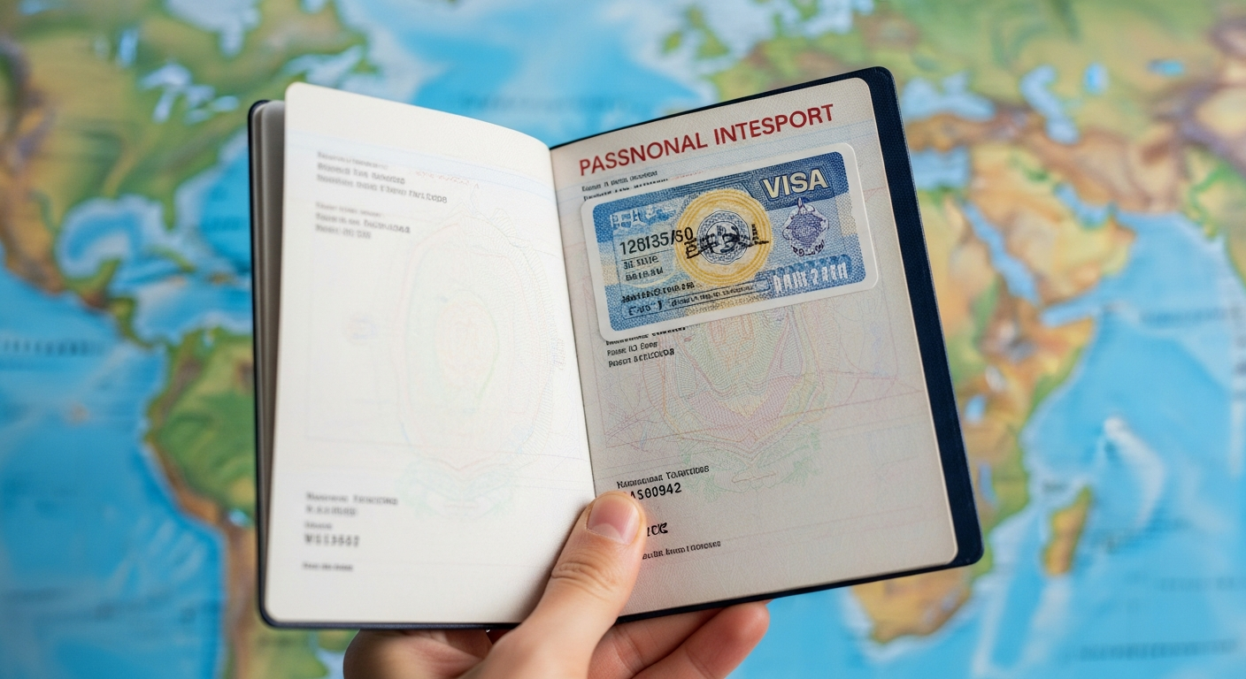 An open passport displaying a visa sticker, symbolizing international travel authorization.