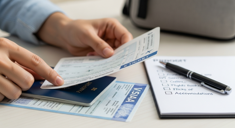 Hands organizing a passport, e-tickets, and a visa on a desk, illustrating diligent travel document preparation.