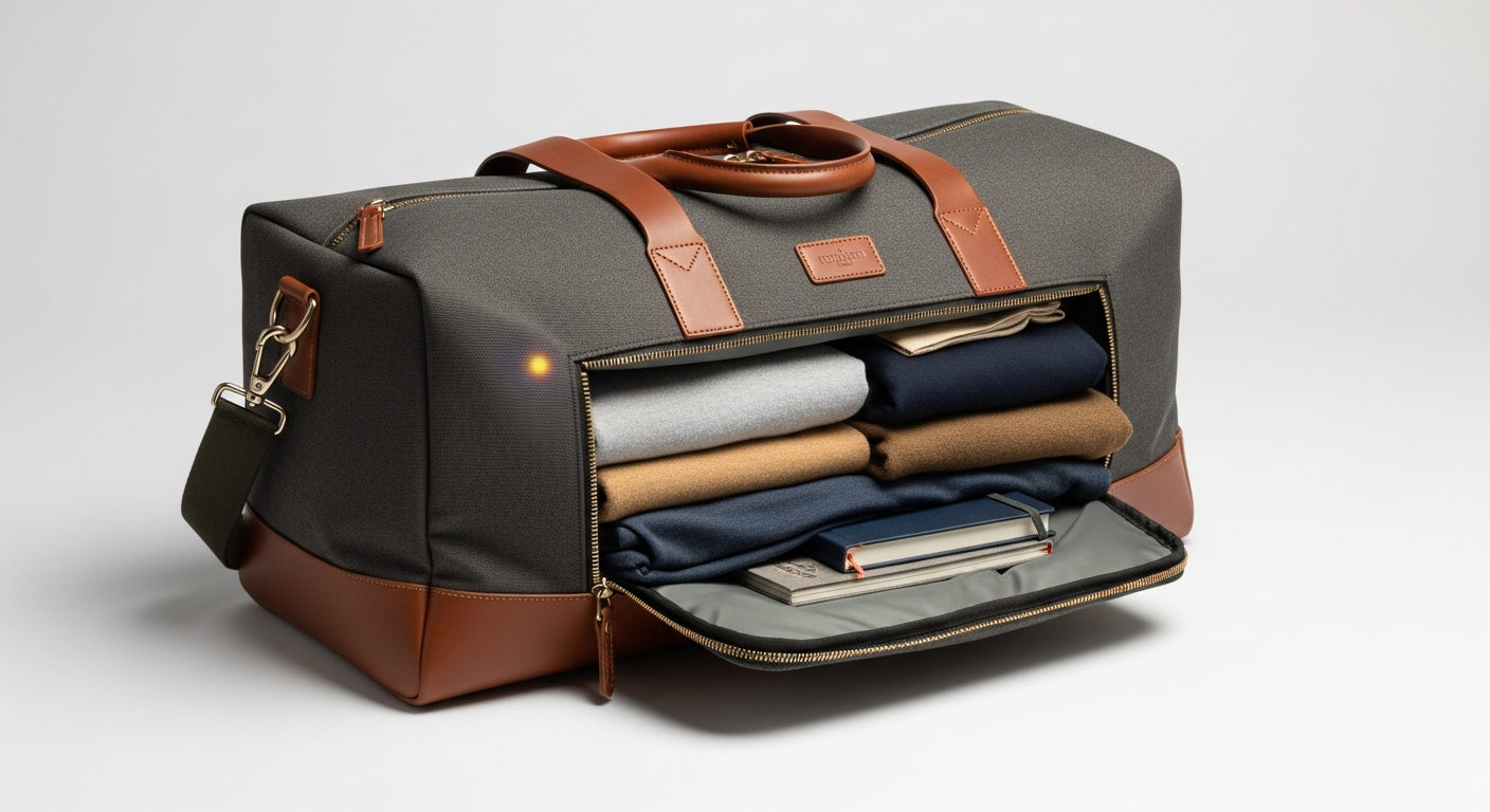 A sleek, modern canvas travel duffel bag with leather details, partially open to show rolled clothing and travel accessories inside, on a clean studio background. A sleek, modern canvas travel duffel bag with leather details, partially open to show rolled clothing and travel accessories inside, on a clean studio background.