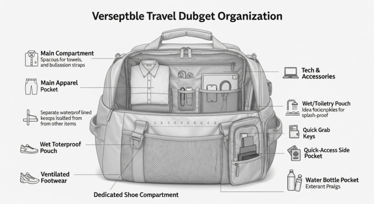 An infographic showing the organized interior of a travel duffel bag, highlighting separate compartments for shoes, clothing, and electronics, with labels for features like durable zippers and padded straps.