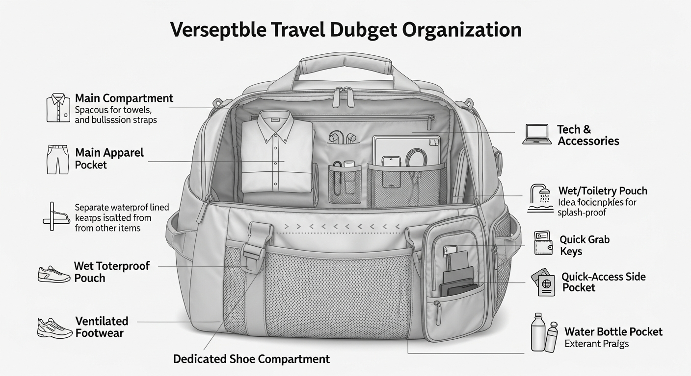 An infographic showing the organized interior of a travel duffel bag, highlighting separate compartments for shoes, clothing, and electronics, with labels for features like durable zippers and padded straps. An infographic showing the organized interior of a travel duffel bag, highlighting separate compartments for shoes, clothing, and electronics, with labels for features like durable zippers and padded straps.