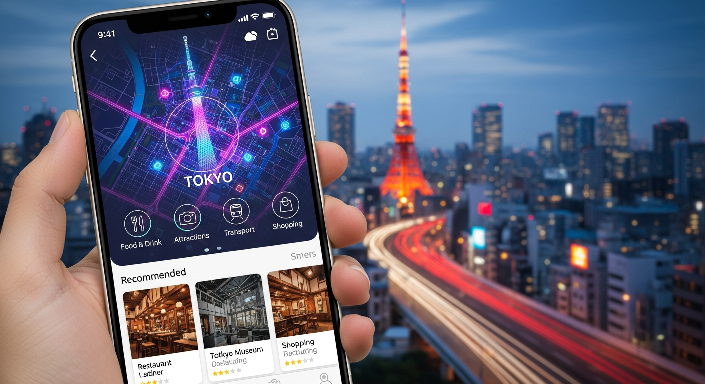 A person's hand holding a smartphone showing a colorful and interactive travel guide app interface with a map and various travel icons, set against a blurred background of a modern city skyline.