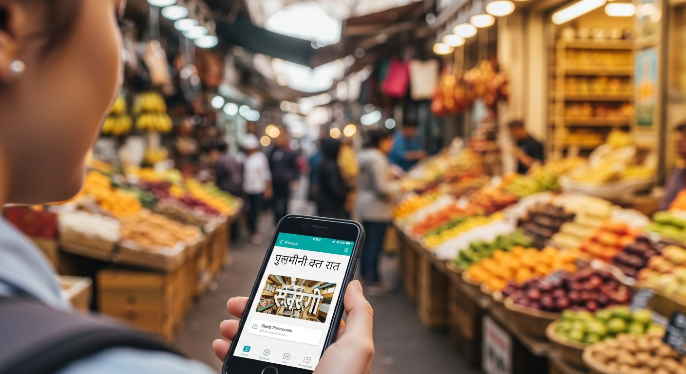 A traveler confidently using a travel guide app on their smartphone in a vibrant, busy foreign market, with the app displaying information about local food or real-time language translation.