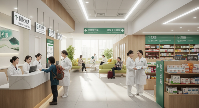 Modern and clean medical clinic in China, showing a traveler receiving assistance, symbolizing health and safety.