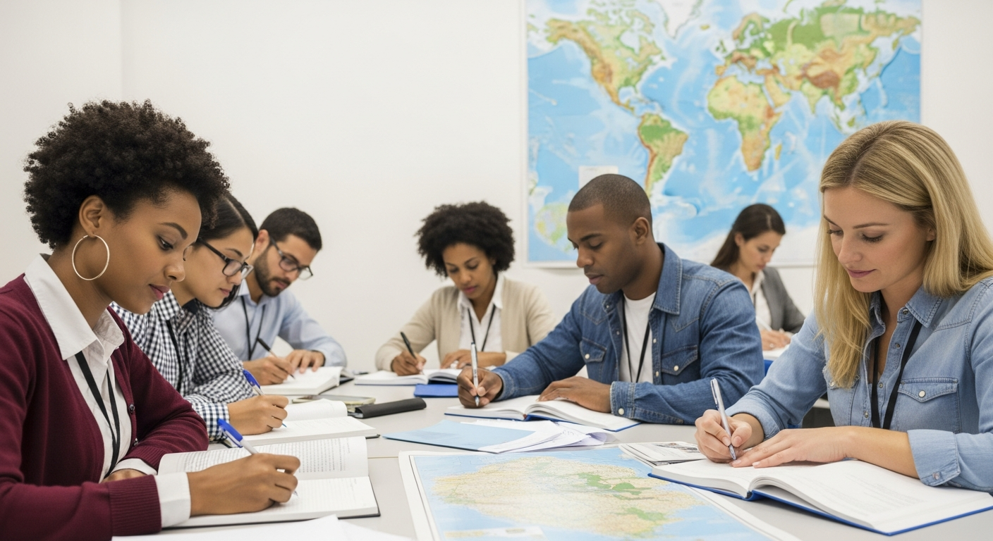 Aspiring travel guides studying maps and cultural information in a classroom, preparing for their careers. Aspiring travel guides studying maps and cultural information in a classroom, preparing for their careers.
