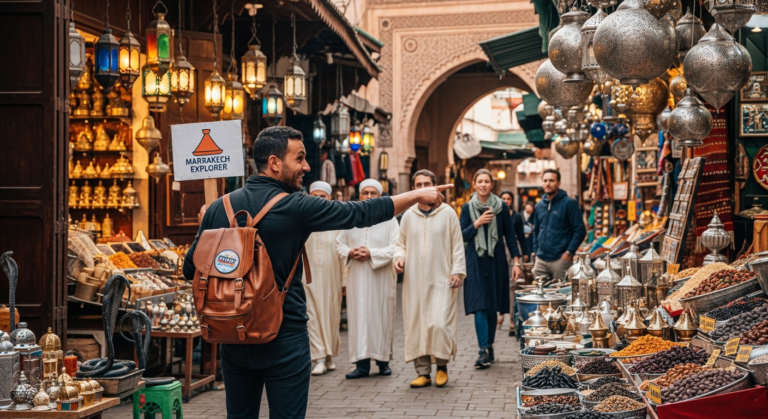 A professional travel guide leading a group of excited tourists through a lively international market.
