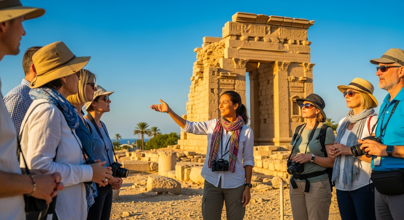 A travel guide leading a small group through ancient ruins, sharing historical insights and local knowledge.