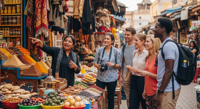 Travelers engaging with a local guide in a busy market, experiencing authentic culture and local interactions.