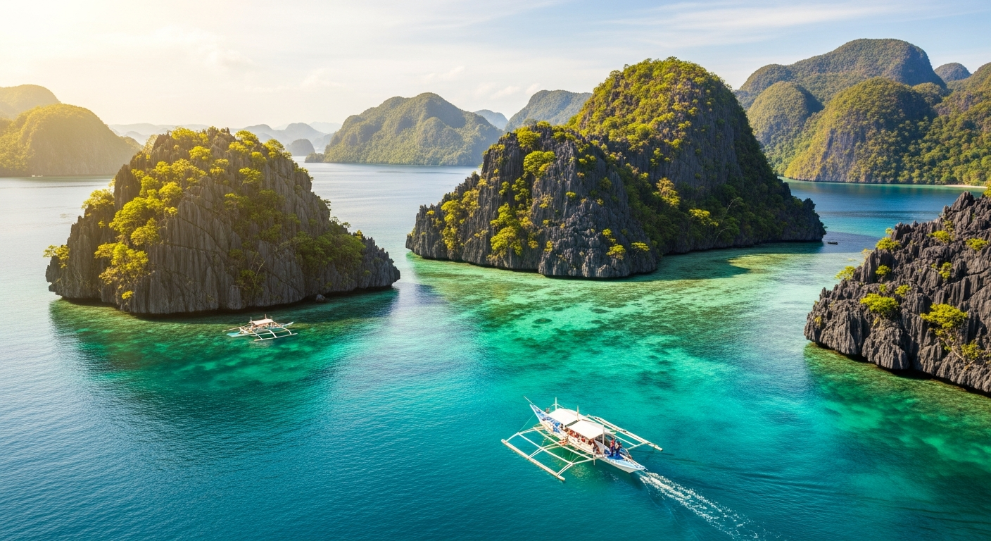 Scenic view of El Nido, Palawan with limestone cliffs and clear blue water