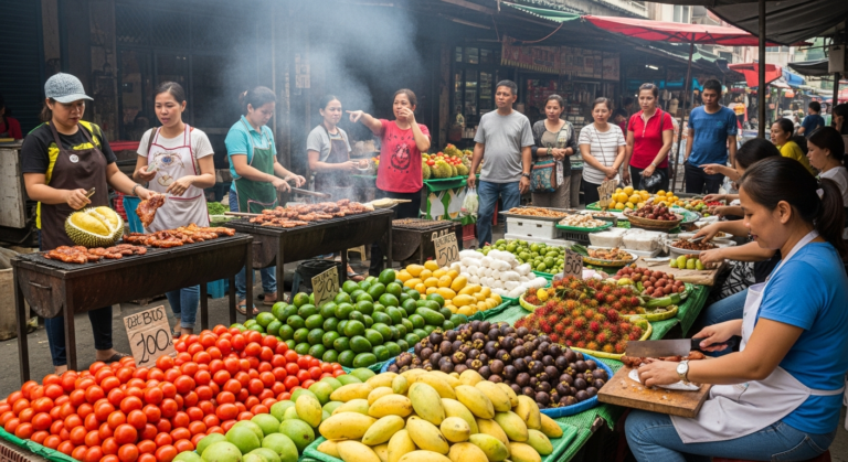 Lively street market in the Philippines with fresh produce and local food