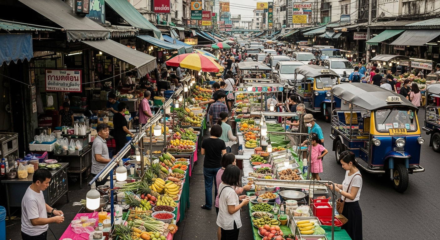 A lively street market scene in Bangkok, Thailand, showcasing a variety of street food and local activity.