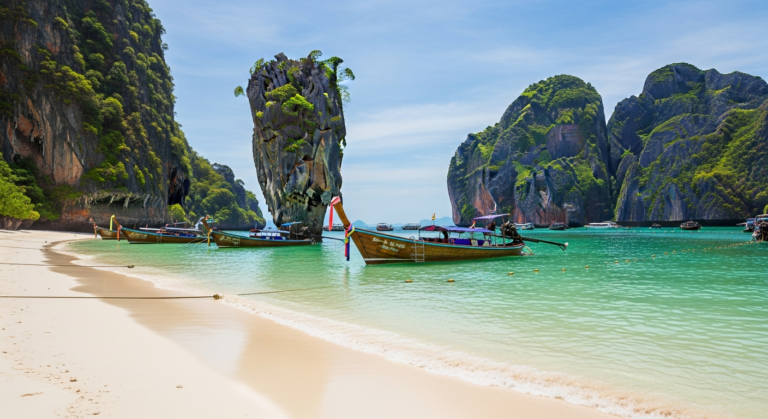 A tranquil beach in Southern Thailand with clear waters and dramatic limestone cliffs, featuring traditional longtail boats.