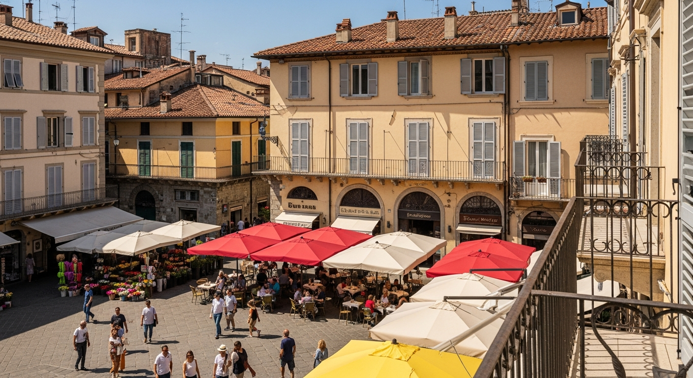 Overhead view of a lively Italian piazza filled with people, historic buildings, and outdoor cafes, capturing the essence of Italian city life. Overhead view of a lively Italian piazza filled with people, historic buildings, and outdoor cafes, capturing the essence of Italian city life.