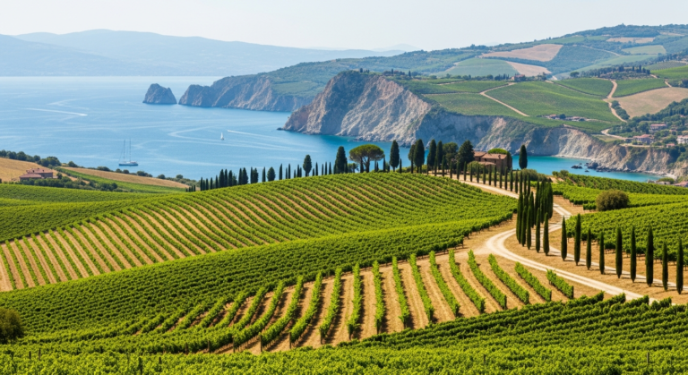 A scenic composite image showing rolling Tuscan hills with vineyards and cypress trees on one side, and the rugged, colorful coastline of Cinque Terre on the other, representing Italy's diverse natural beauty.