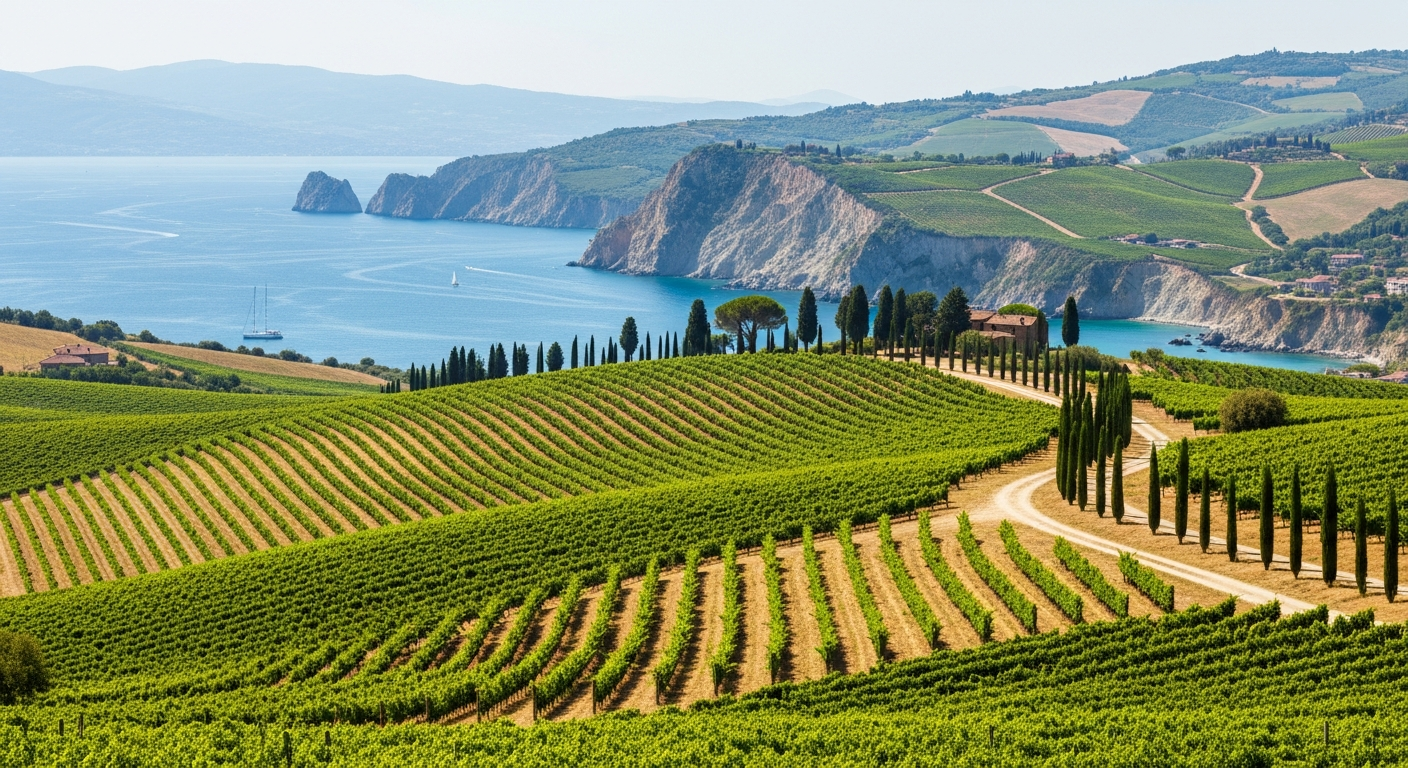 A scenic composite image showing rolling Tuscan hills with vineyards and cypress trees on one side, and the rugged, colorful coastline of Cinque Terre on the other, representing Italy's diverse natural beauty. A scenic composite image showing rolling Tuscan hills with vineyards and cypress trees on one side, and the rugged, colorful coastline of Cinque Terre on the other, representing Italy's diverse natural beauty.