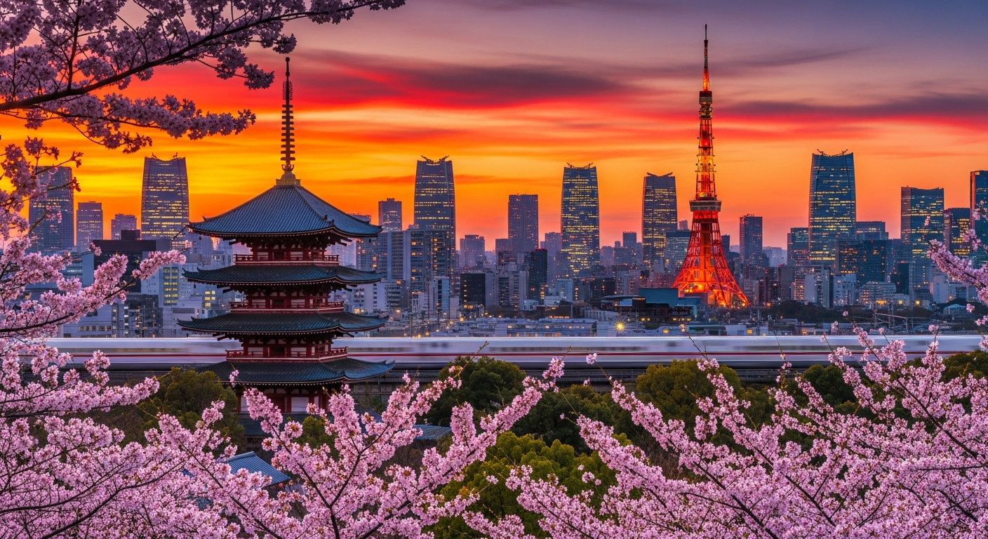 Iconic Japanese landscape with traditional pagoda, modern Tokyo skyline, cherry blossoms, and Shinkansen bullet train. Iconic Japanese landscape with traditional pagoda, modern Tokyo skyline, cherry blossoms, and Shinkansen bullet train.