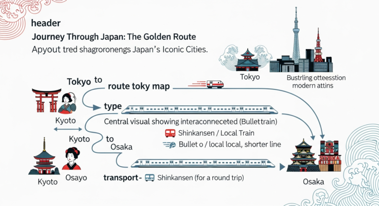Infographic showing a Japan travel itinerary with cities, train routes, and symbols for budget and culture.