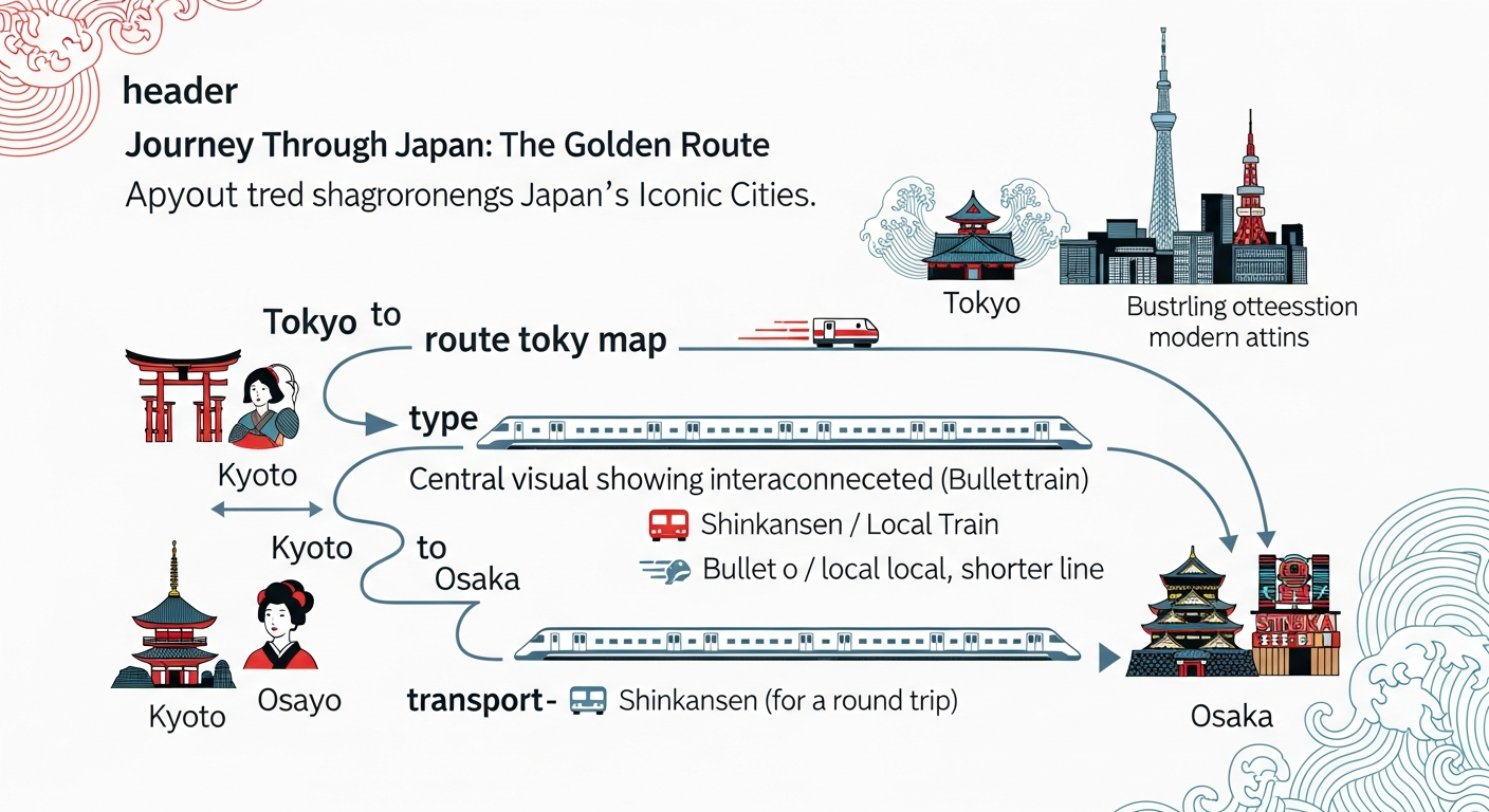 Infographic showing a Japan travel itinerary with cities, train routes, and symbols for budget and culture. Infographic showing a Japan travel itinerary with cities, train routes, and symbols for budget and culture.
