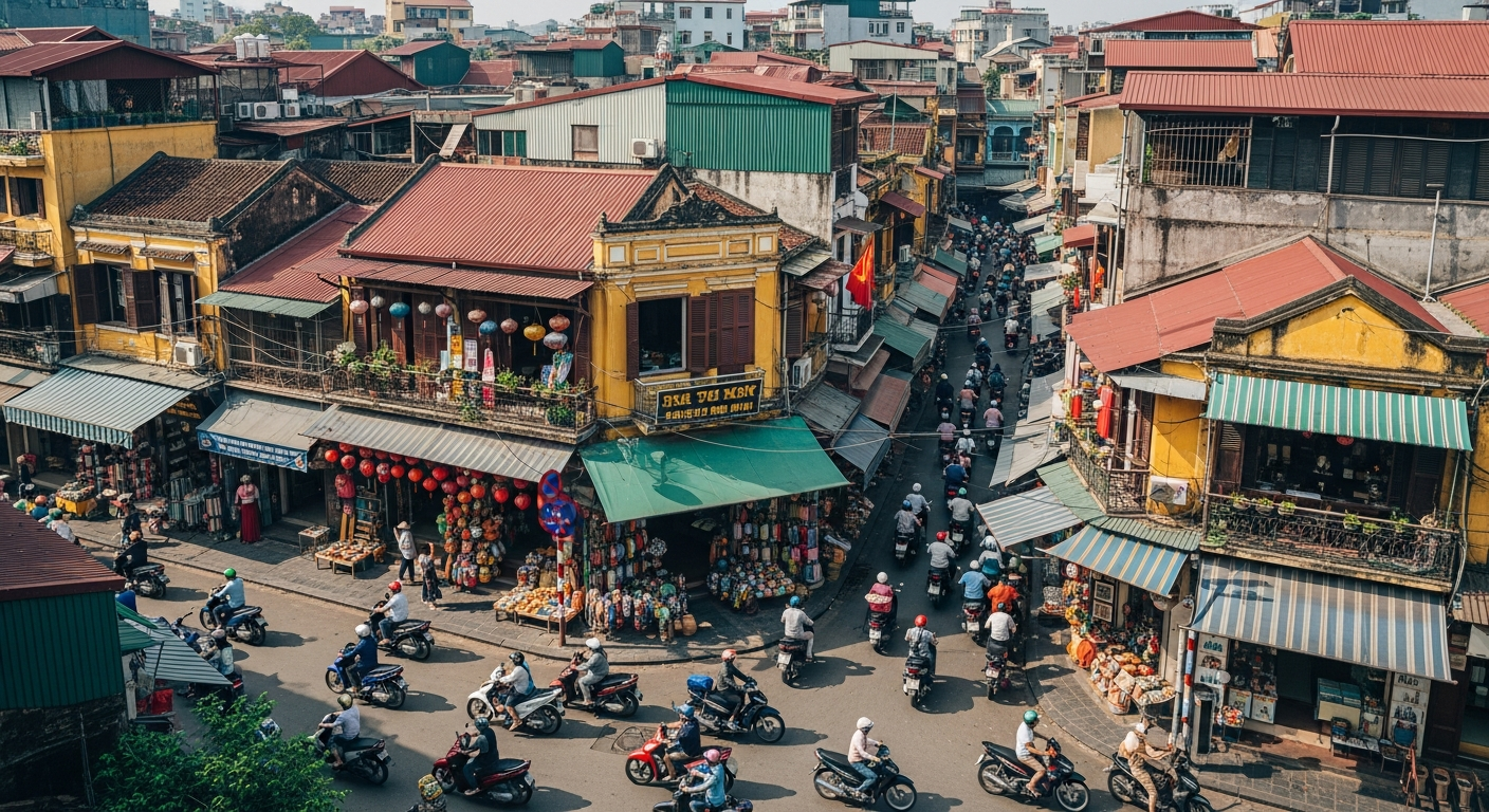 Hanoi Old Quarter bustling with activity, featuring narrow streets, traditional buildings, and motorbikes.