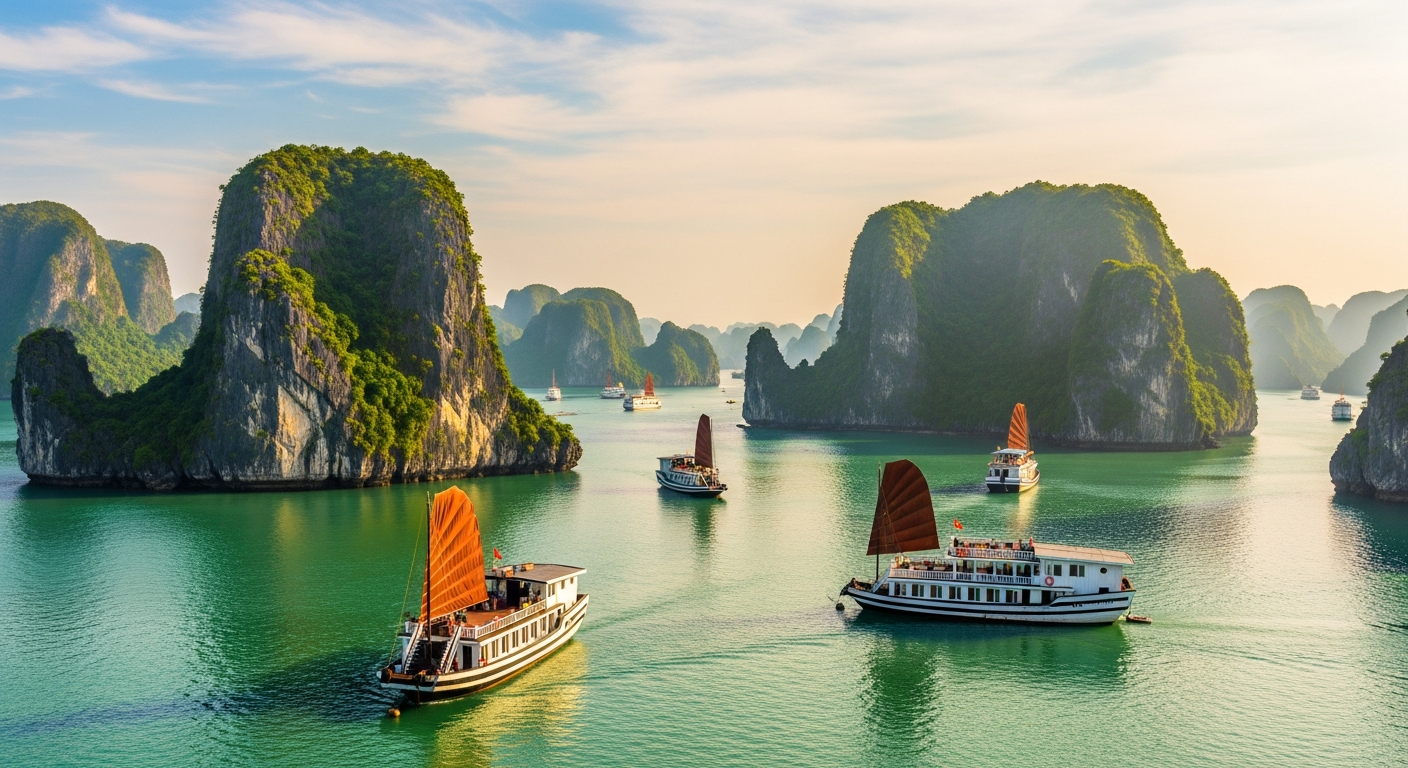 Halong Bay with its iconic limestone islands and traditional boats sailing on calm green waters.