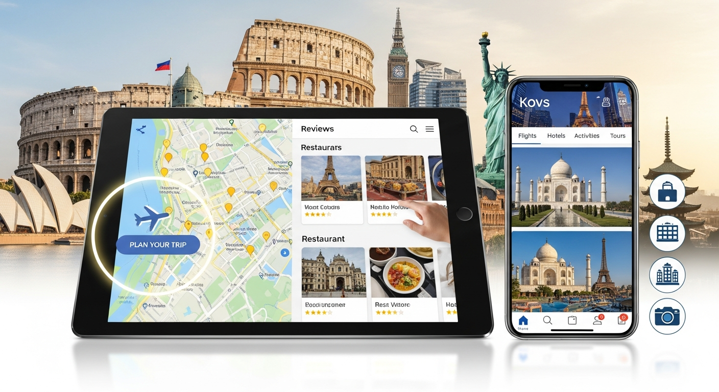 Digital devices displaying various travel guide websites with global landmarks in the background, symbolizing modern trip planning. Digital devices displaying various travel guide websites with global landmarks in the background, symbolizing modern trip planning.