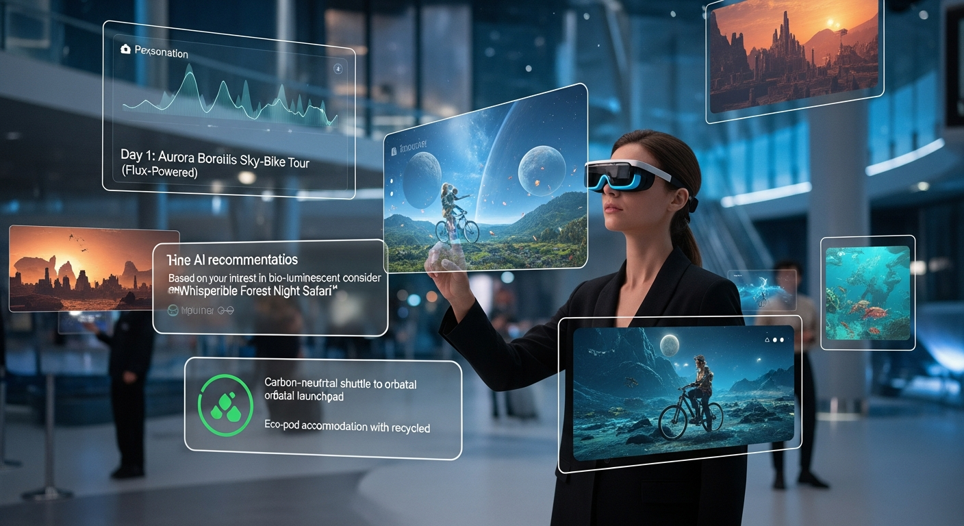 A person using augmented reality for travel planning, showing holographic displays of itineraries and AI-driven recommendations. A person using augmented reality for travel planning, showing holographic displays of itineraries and AI-driven recommendations.