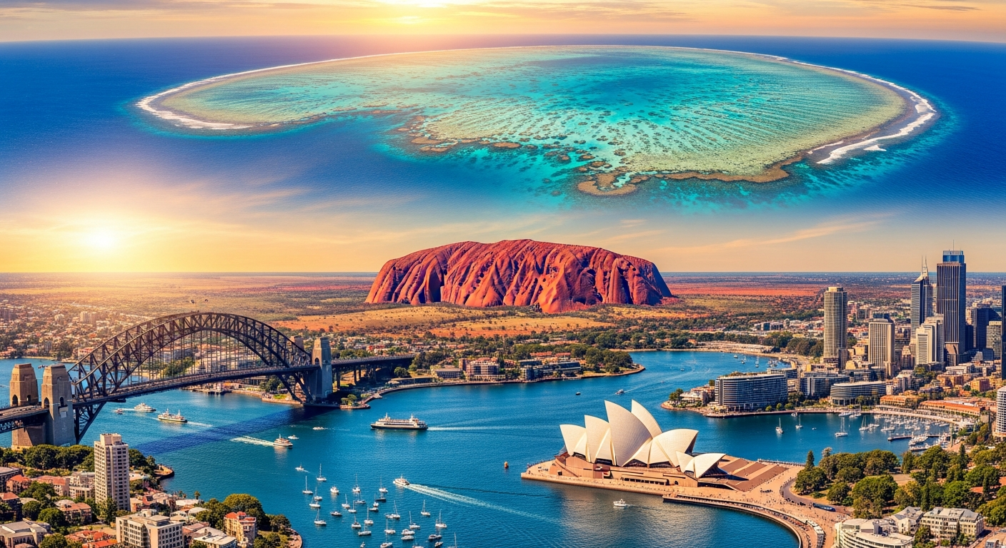 A panoramic view of Australia's diverse landscapes, featuring the Sydney Opera House, Harbour Bridge, Uluru, and the Great Barrier Reef under a bright sky.