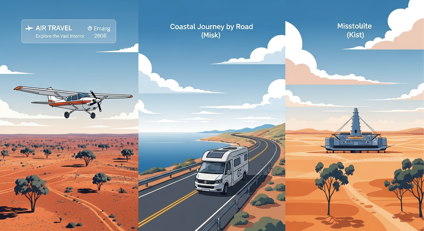 An illustration depicting various travel methods in Australia, including an airplane over the outback, a campervan on a coastal highway, and a ferry in a city harbor.