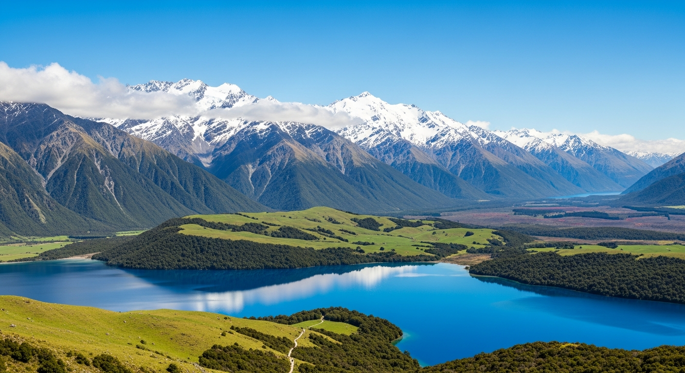 Panoramic view of New Zealand's diverse landscape with mountains, valleys, and a lake under a clear sky. Panoramic view of New Zealand's diverse landscape with mountains, valleys, and a lake under a clear sky.