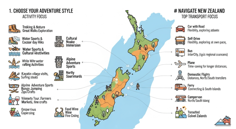 Conceptual infographic of New Zealand travel planning, showing various activities, transport, and landmarks.