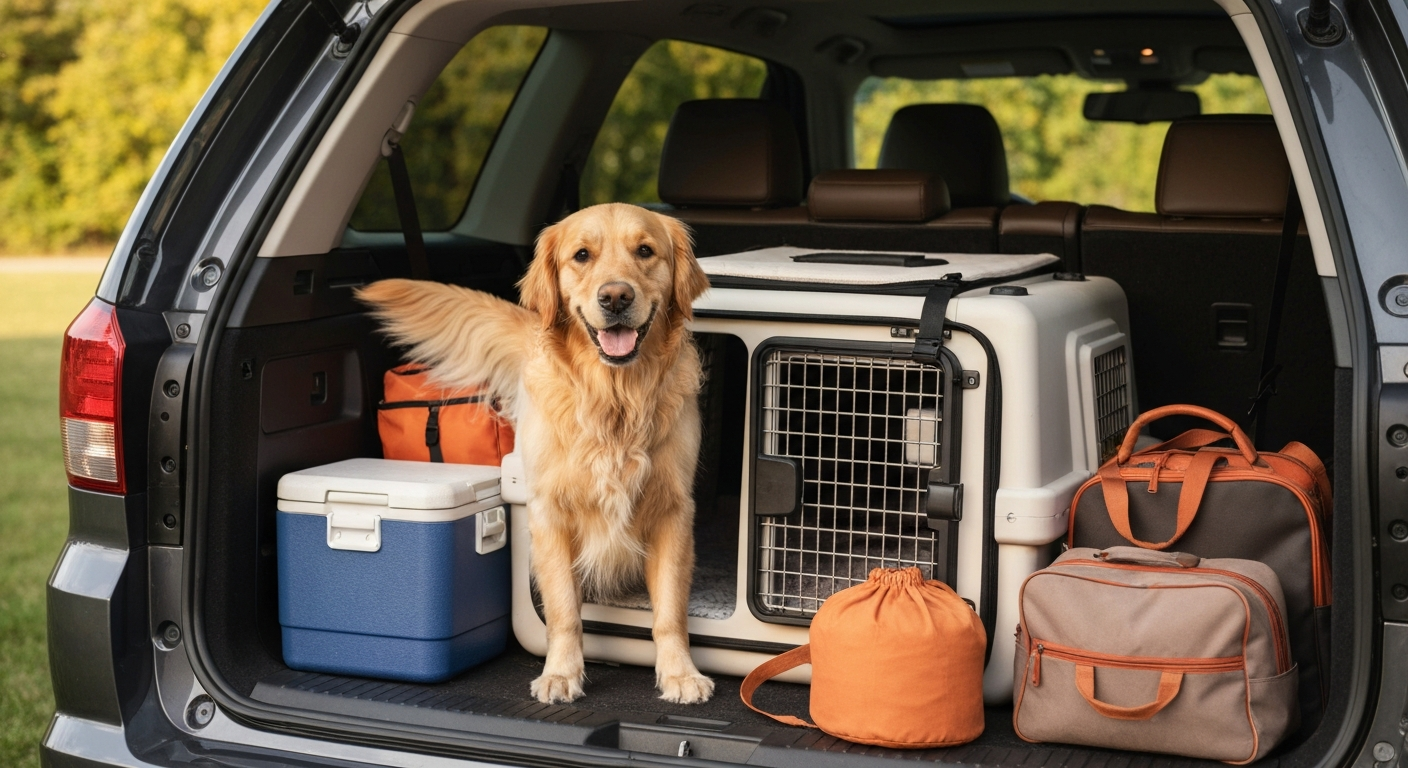 Golden retriever comfortably resting inside a secure, hard-sided travel kennel in a car trunk, ready for a road trip.