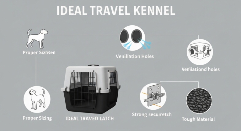 Infographic detailing essential travel kennel features: correct sizing, good ventilation, secure door latch, and durable construction.