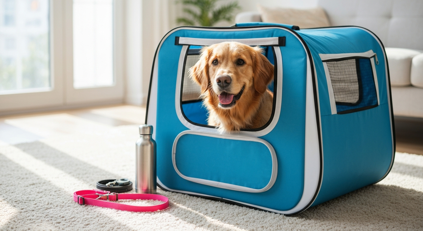 A golden retriever dog looking out from a soft-sided travel kennel, ready for a trip.
