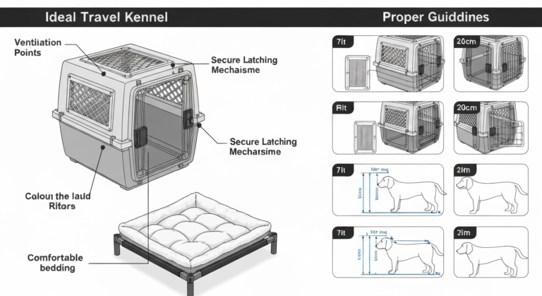 An infographic showing important features of a travel kennel like ventilation, security, and size.