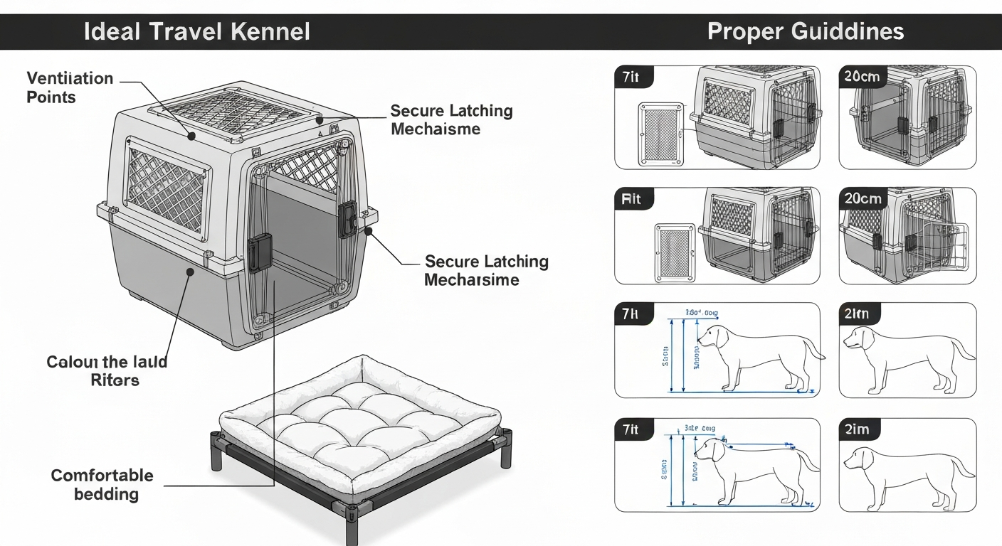 An infographic showing important features of a travel kennel like ventilation, security, and size.