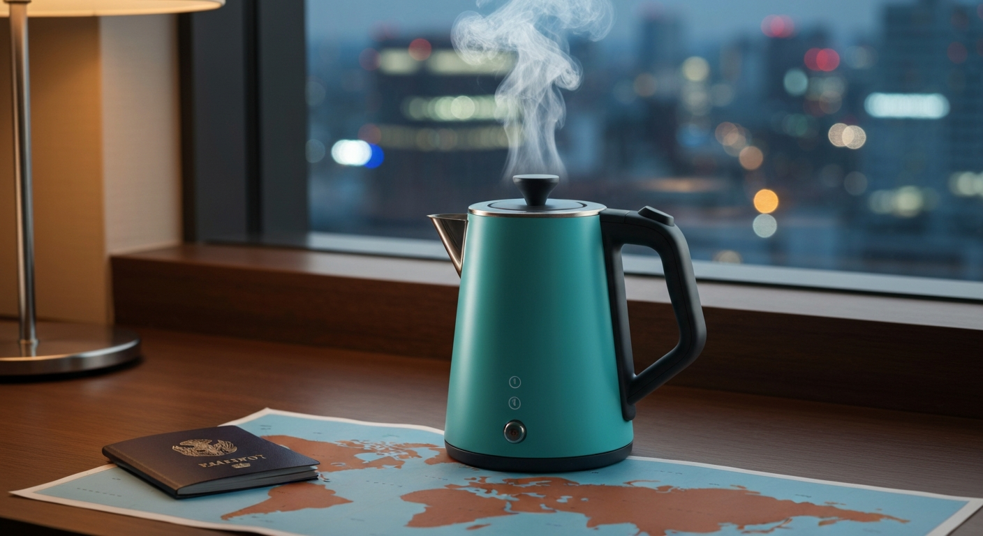 A modern dual-voltage travel kettle boiling water on a hotel desk, with travel documents and a map nearby, and a city view in the background. A modern dual-voltage travel kettle boiling water on a hotel desk, with travel documents and a map nearby, and a city view in the background.