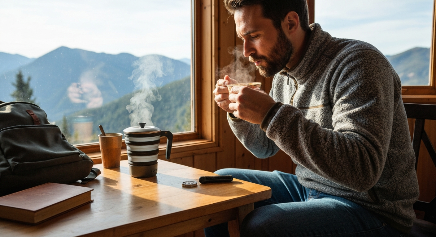 A traveler making instant noodles with a collapsible travel kettle inside a cozy cabin, surrounded by travel gear and a mountain view. A traveler making instant noodles with a collapsible travel kettle inside a cozy cabin, surrounded by travel gear and a mountain view.