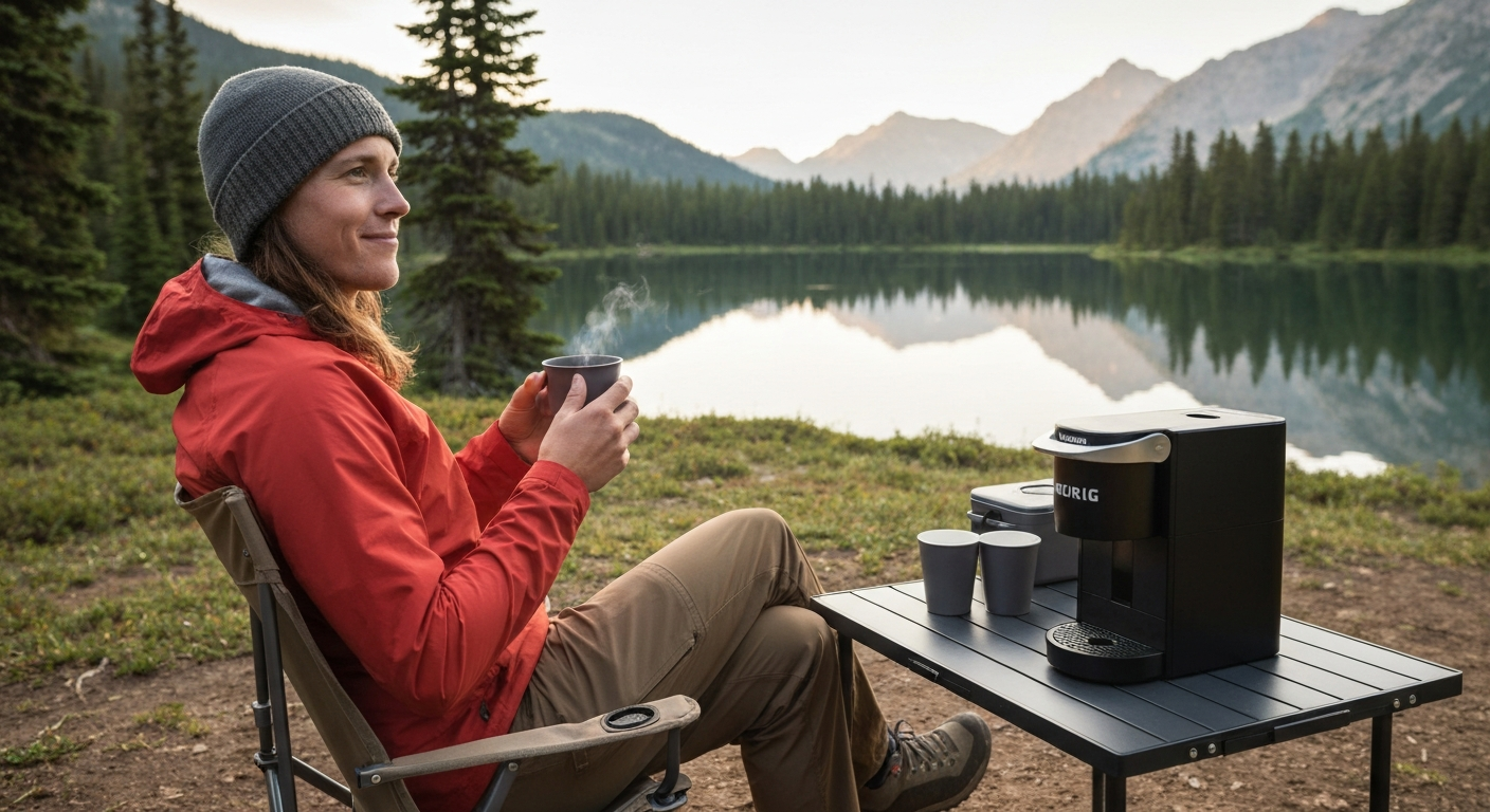 A person enjoying coffee from a portable Keurig at a scenic campsite, illustrating the freedom of brewing coffee anywhere outdoors.