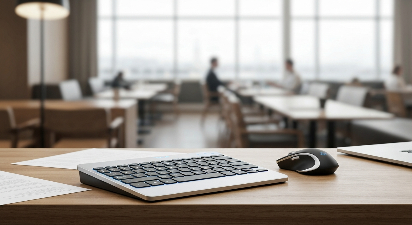 A sleek foldable keyboard and compact travel mouse on a modern desk in an airport lounge, ready for portable productivity.