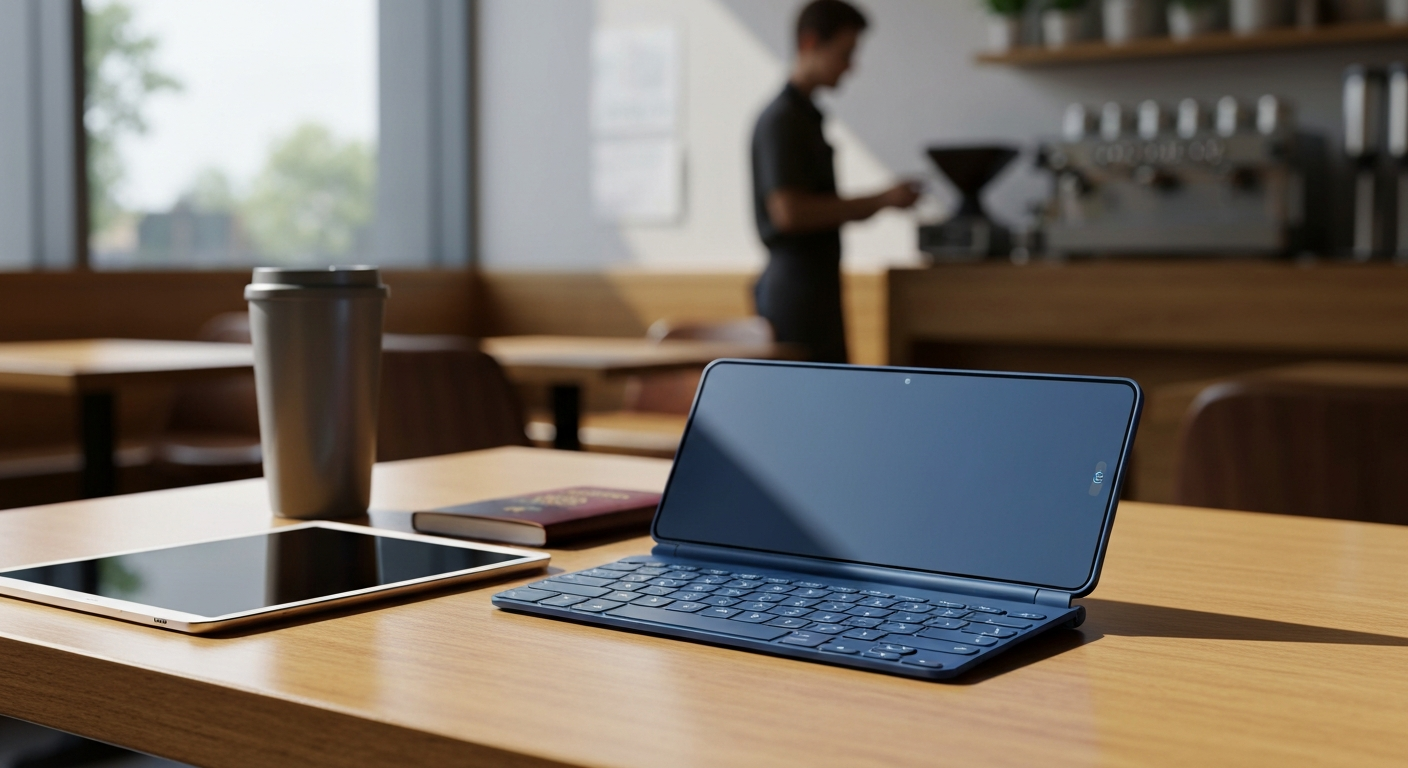 Person using a foldable travel keyboard with a tablet at a cafe, highlighting portable productivity for travelers. Person using a foldable travel keyboard with a tablet at a cafe, highlighting portable productivity for travelers.