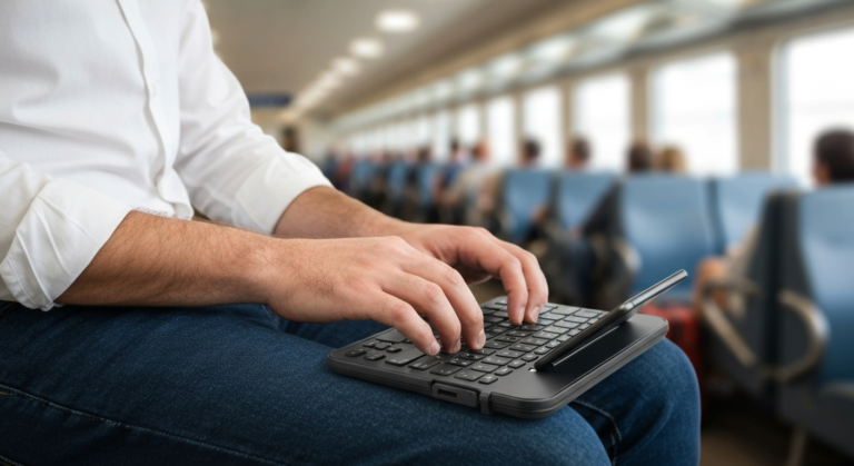 Compact Bluetooth travel keyboard paired with a smartphone, used by a traveler in an airport, demonstrating on-the-go typing efficiency.