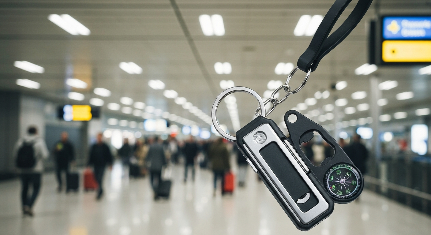 Modern travel keychain with integrated tools ready for airport travel