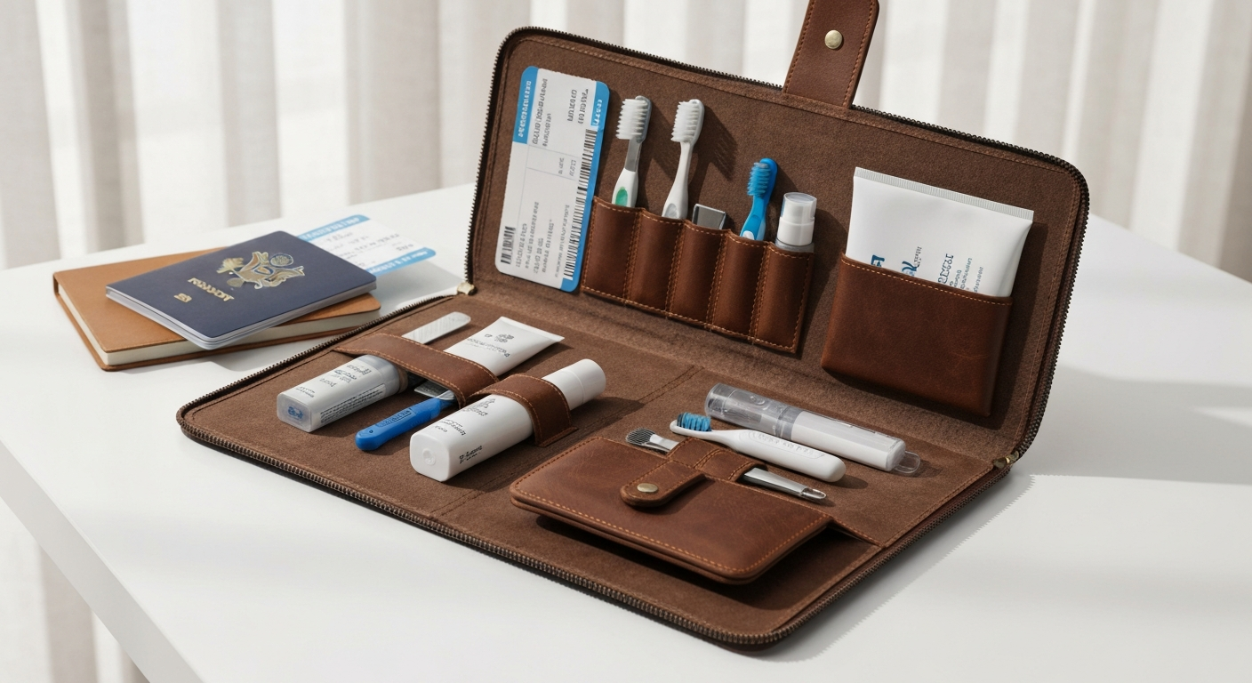 An open men's travel kit displaying neatly arranged travel-sized shampoo, conditioner, body wash, toothbrush, toothpaste, razor, deodorant, and other grooming essentials, alongside a passport and travel documents on a light background.