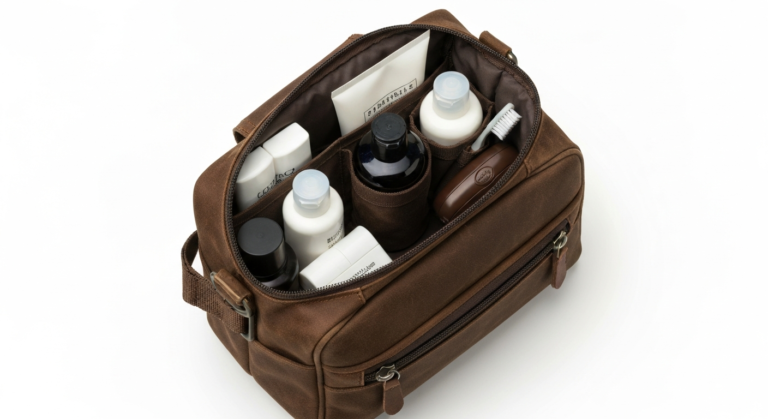 A sophisticated men's dopp kit, crafted from rich brown leather, securely zipped and showing a glimpse of travel-sized toiletries inside, positioned on a wooden surface, suggesting readiness for an elegant journey.