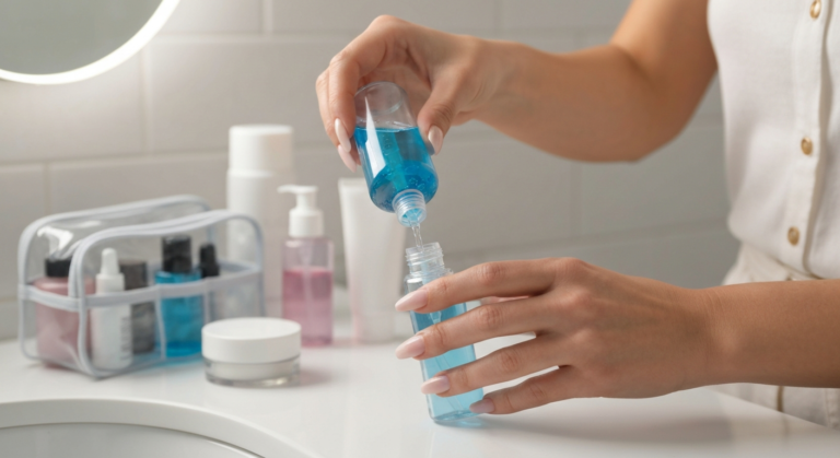 A woman's hands carefully filling travel-size bottles with toiletries, demonstrating smart and leak-proof packing techniques for a trip.