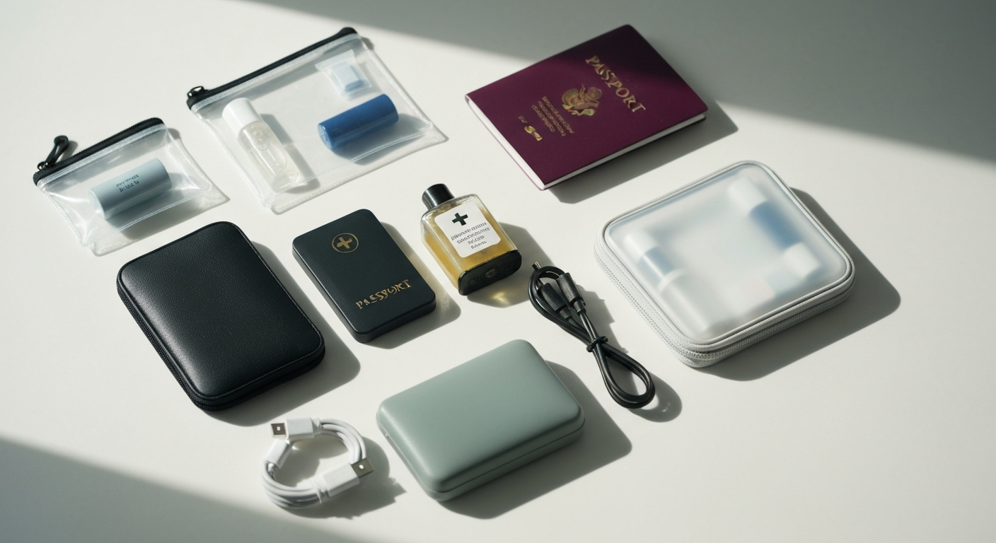 An organized travel kit with toiletries, first aid, and tech essentials neatly arranged for efficient packing.