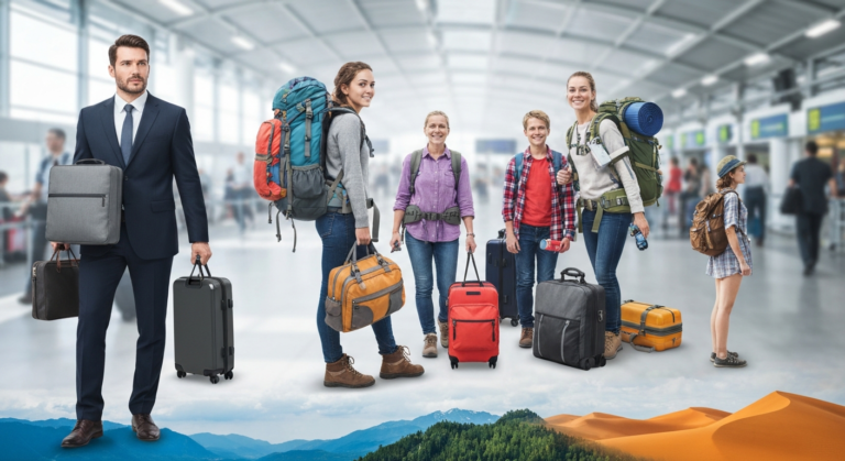 Four travelers, each with a custom travel kit: a business person, an adventurer, a family, and a solo backpacker, showing different packing needs.