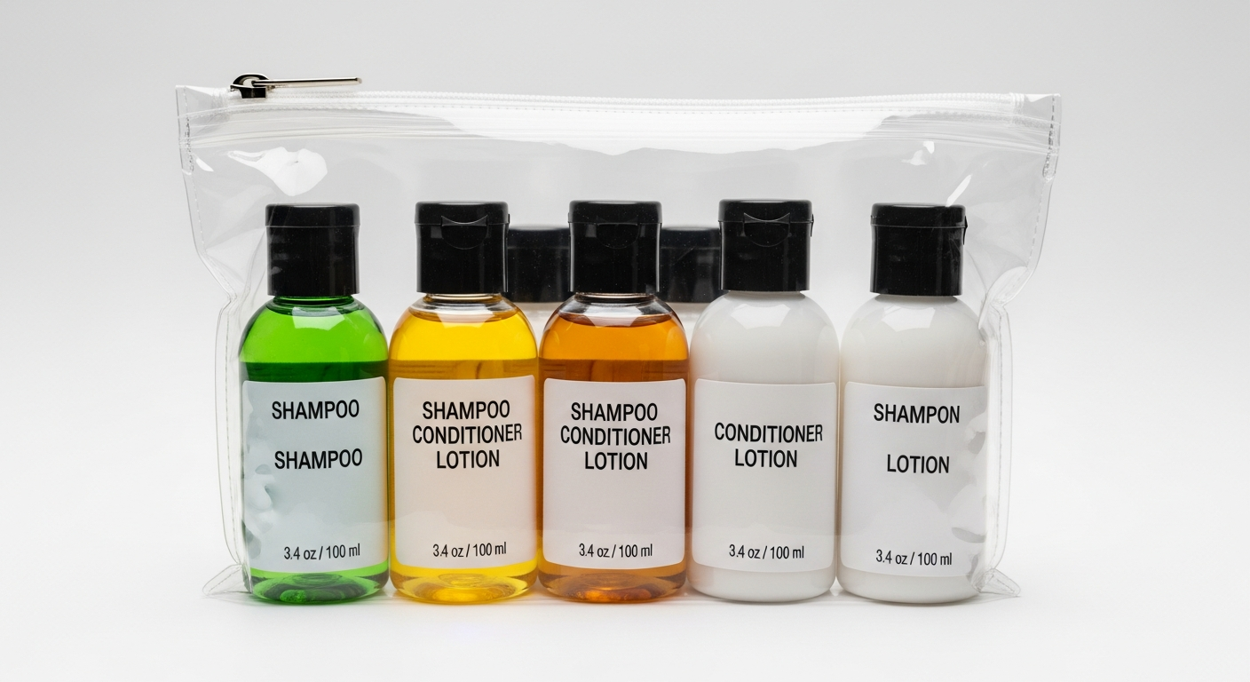 Travel sized liquid containers in a clear quart bag, demonstrating the TSA 3-1-1 rule for carry-on luggage.