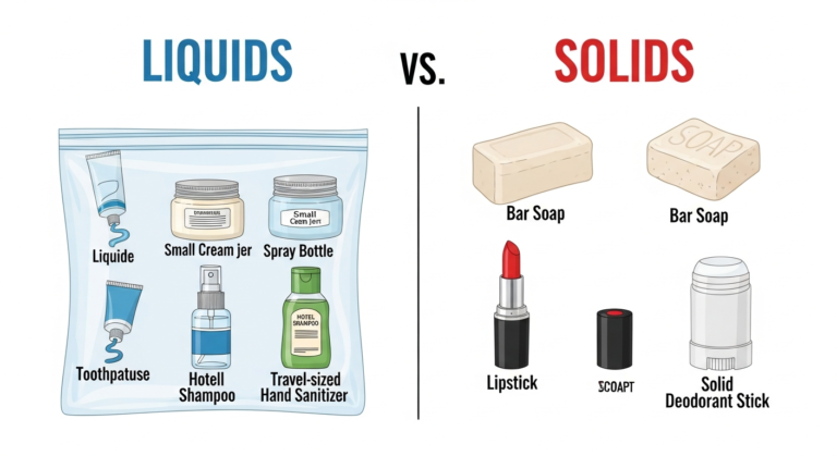 Comparison of liquid and solid travel toiletries, illustrating what items are subject to the 3-1-1 rule and what are not.