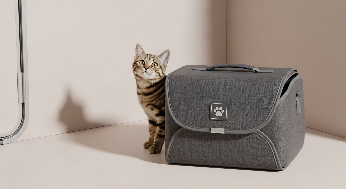 A compact, folded travel litter box with a curious cat peeking, highlighting its portability and design. A compact, folded travel litter box with a curious cat peeking, highlighting its portability and design.